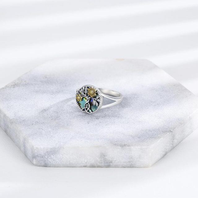 Zweifarbiger Ring aus Sterlingsilber mit Abalone-Muschel und Sonnenblume sowie Lebensbaum für Damen-4