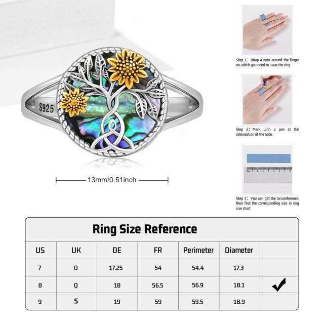 Bague arbre de vie en argent sterling, ormeau, coquillages, tournesol, bicolore, pour femme-5