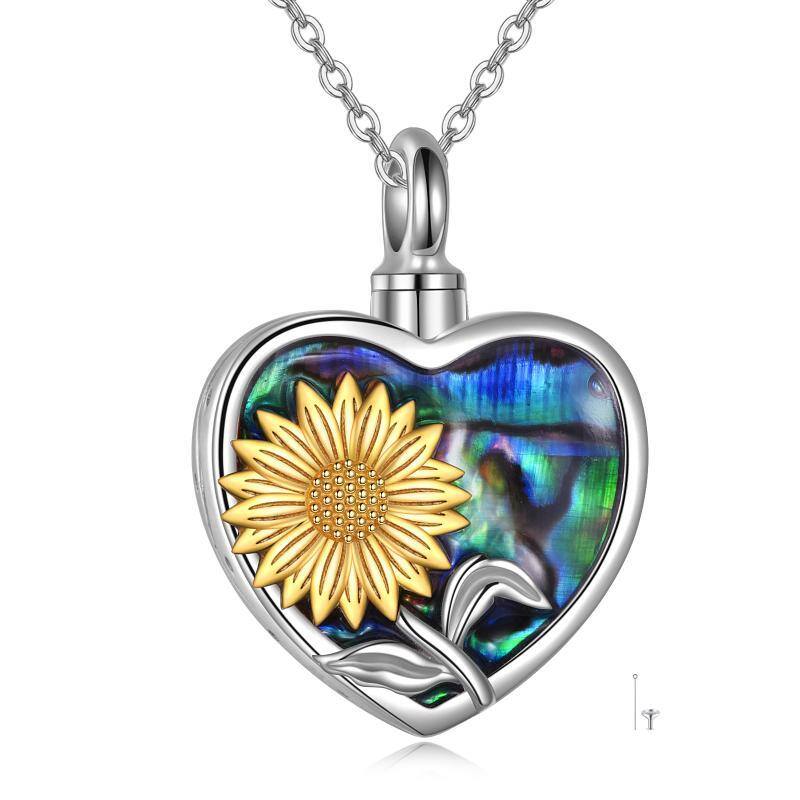 Collana in argento sterling bicolore con conchiglia Abalone e girasole per ceneri con parola incisa-1