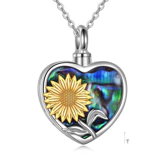 Sterling zilveren tweekleurige Abalone schelpdier zonnebloem Urn ketting voor as met gegraveerd woord