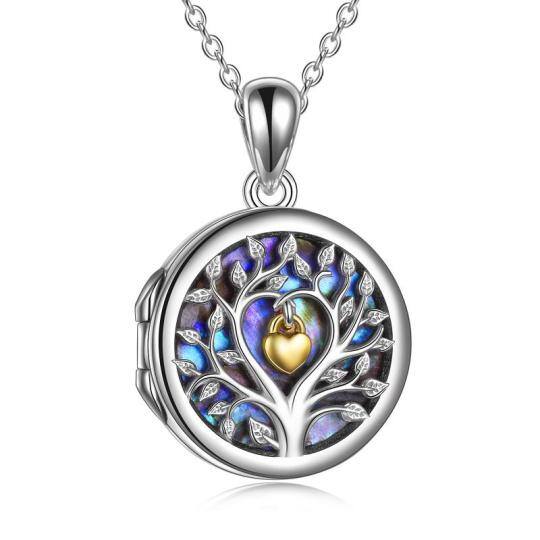 Collier avec médaillon photo personnalisé en argent sterling, coquillages et coquillages d'ormeau bicolores, cœur d'arbre de vie