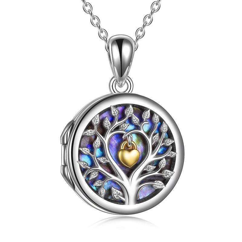 Sterling Silver Two-tone Abalone Shellfish Tree Of Life & Heart Personalized Photo Locket Necklace-4