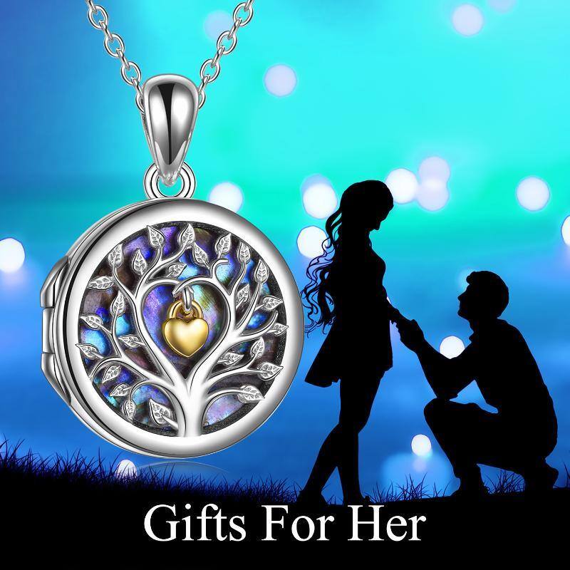 Sterling Silver Two-tone Abalone Shellfish Tree Of Life & Heart Personalized Photo Locket Necklace-3