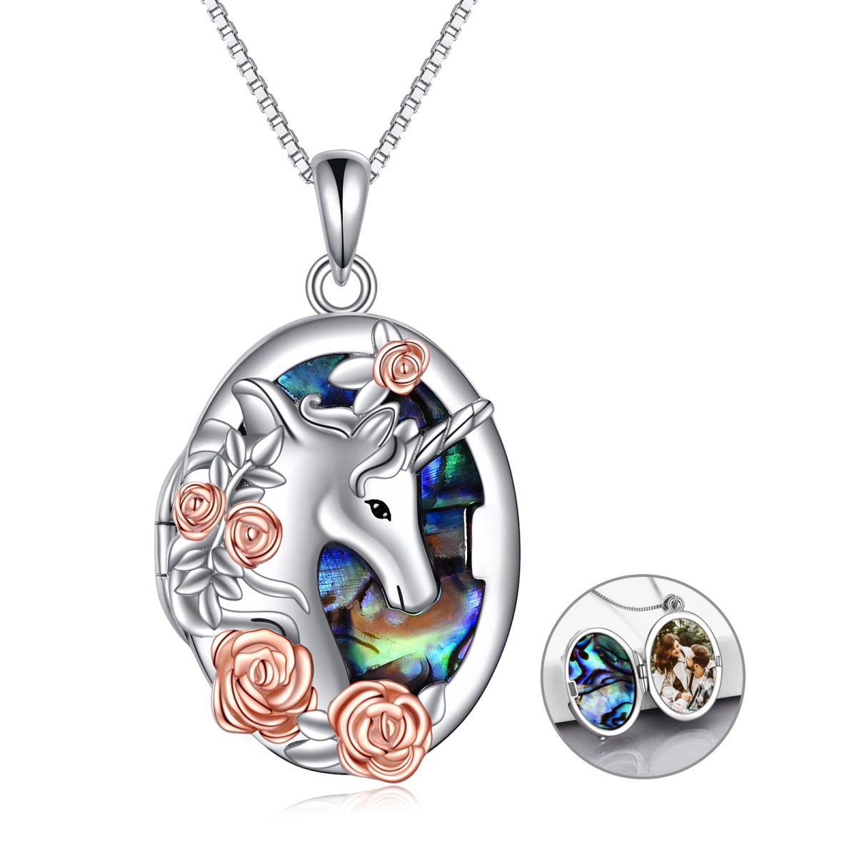 Sterling zilveren tweekleurige Abalone schelpdieren Unicorn gepersonaliseerde fotozakje ketting-1