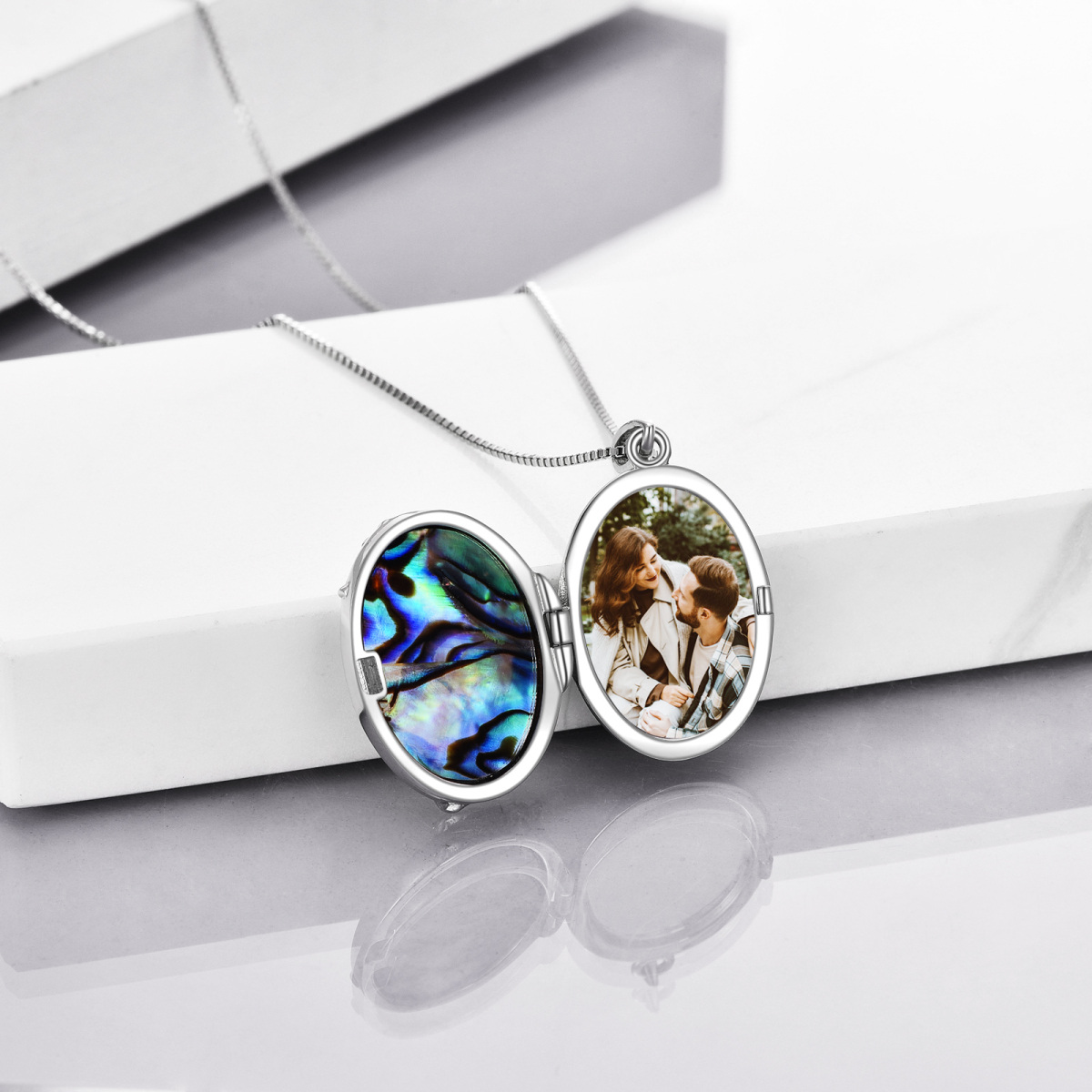 Sterling zilveren tweekleurige Abalone schelpdieren Unicorn gepersonaliseerde fotozakje ketting-3