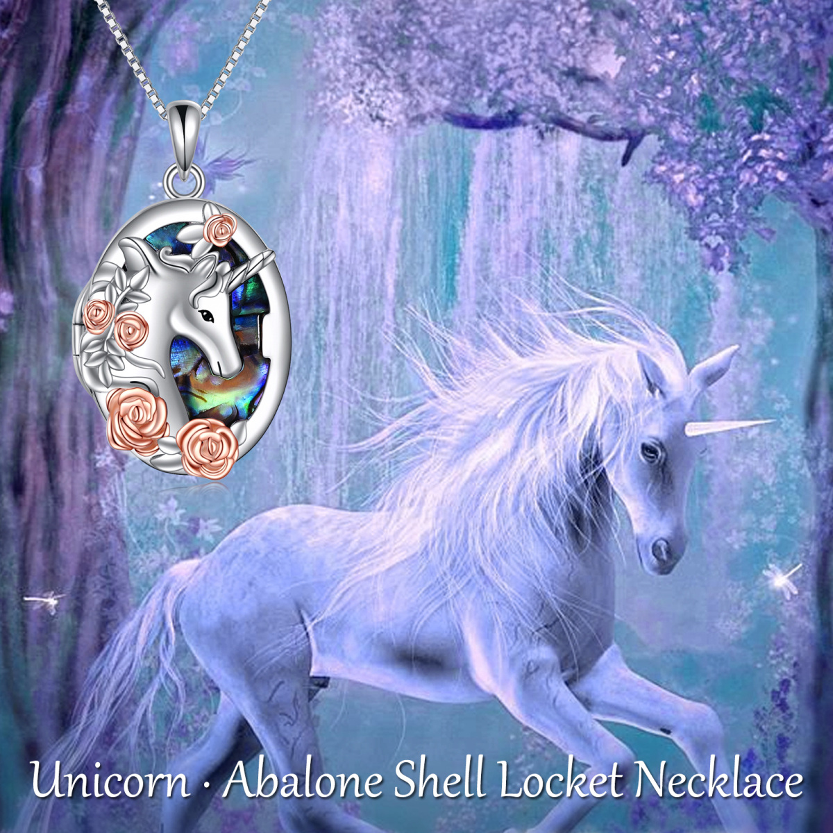 Sterling zilveren tweekleurige Abalone schelpdieren Unicorn gepersonaliseerde fotozakje ketting-6