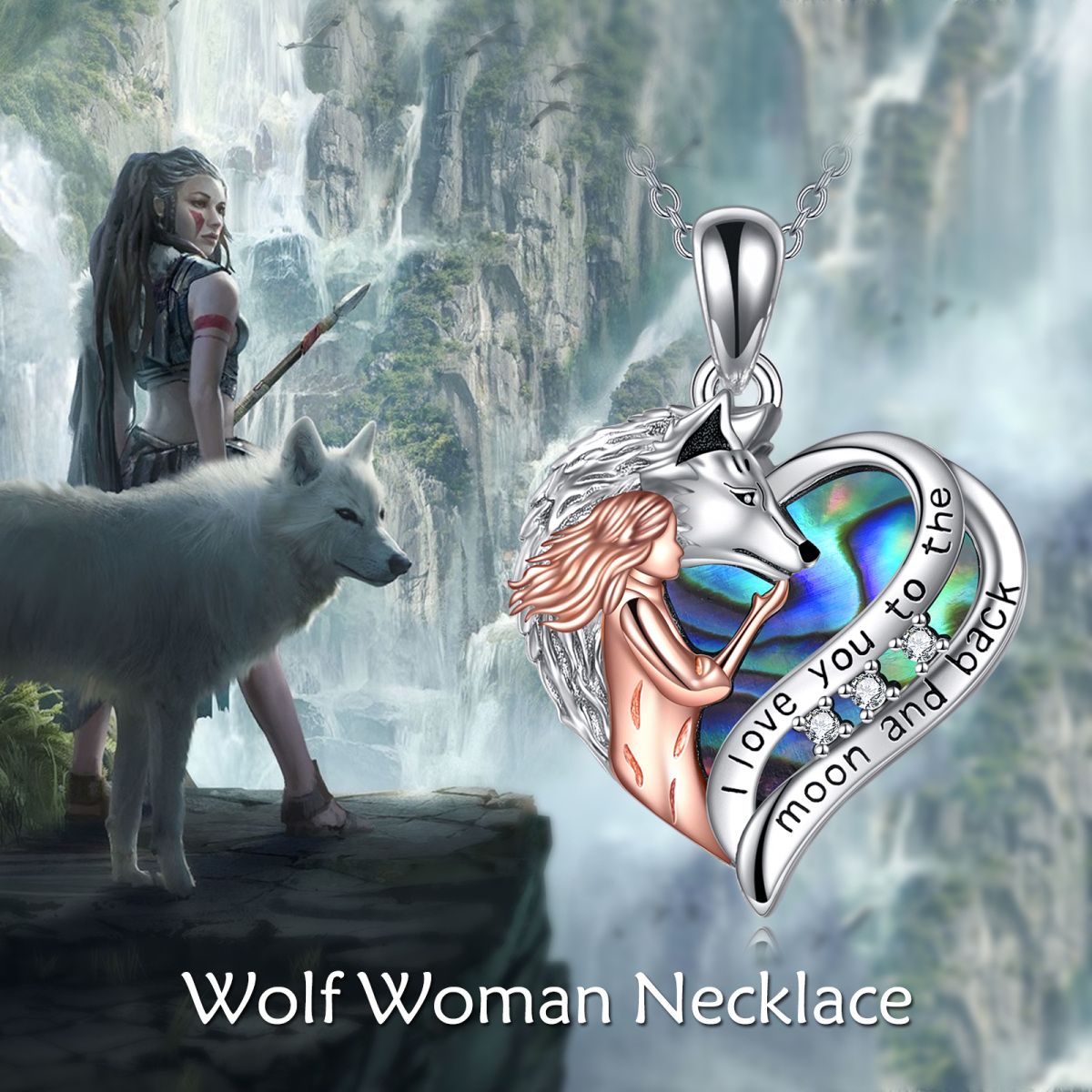 Collar de plata de ley con corazón de lobo grabado en dos tonos con abulón y mariscos para mujer-6