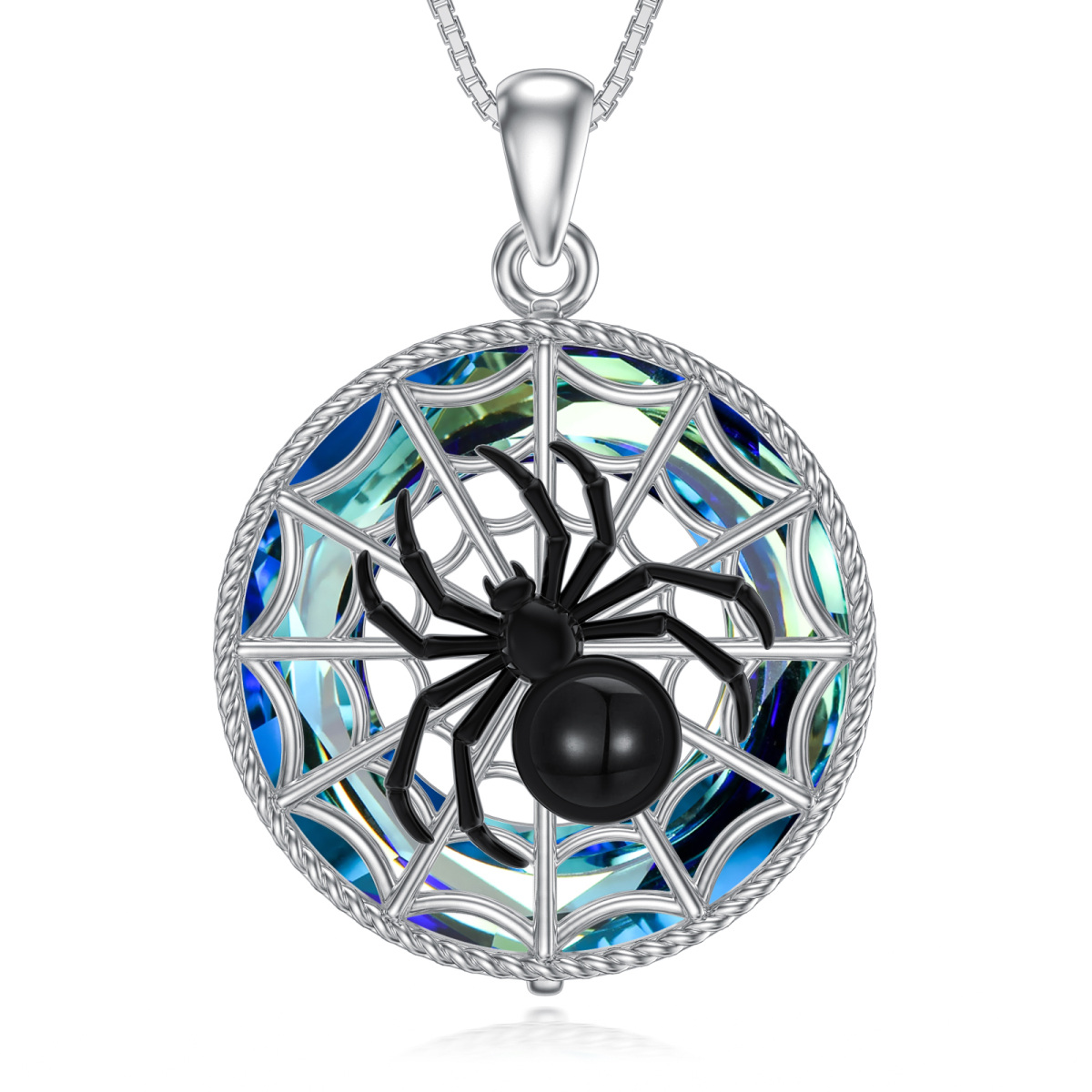 Sterling Silver Two-tone Agate & Crystal Spider Pendant Necklace-1