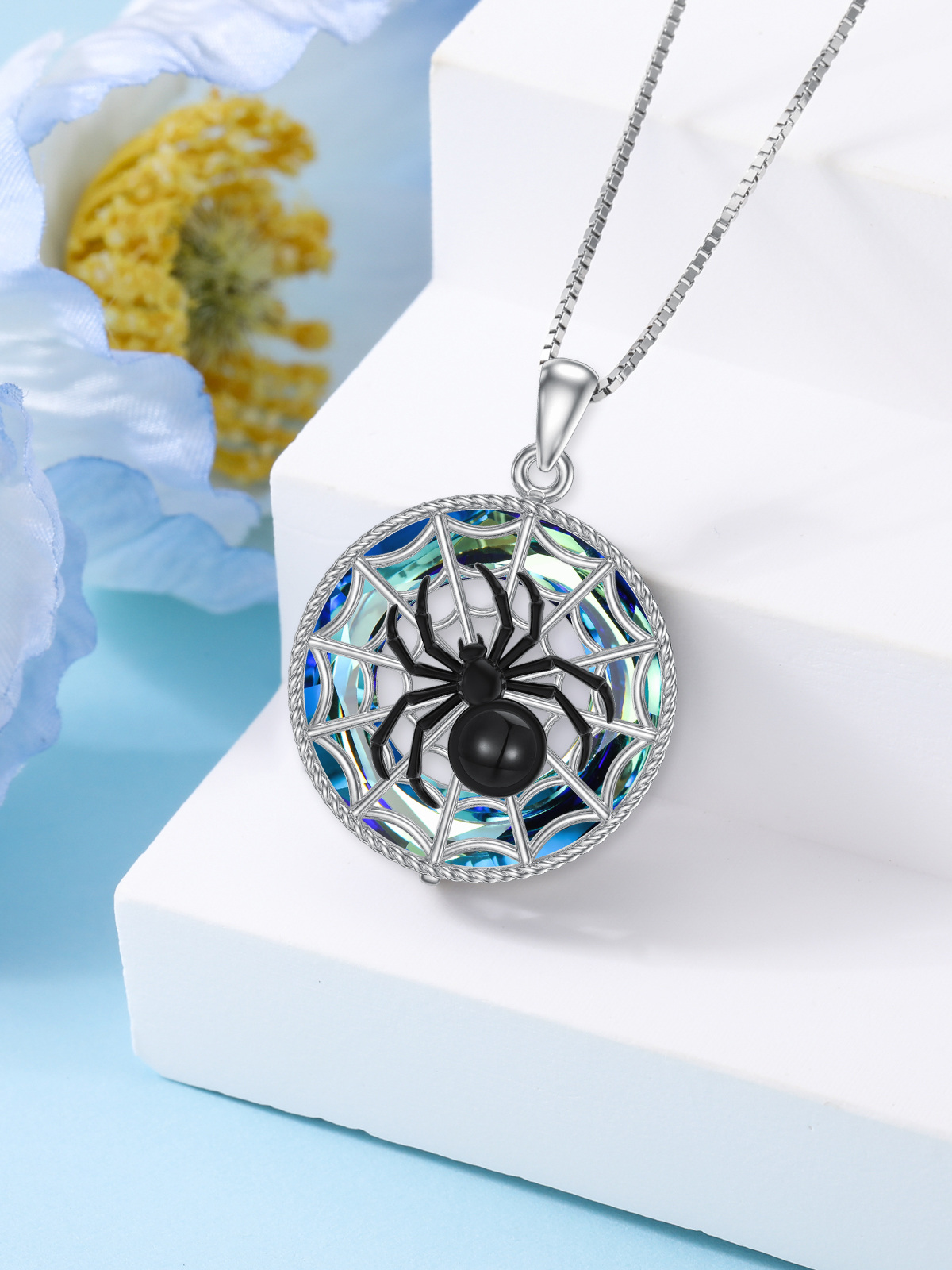 Sterling Silver Two-tone Agate & Crystal Spider Pendant Necklace-3