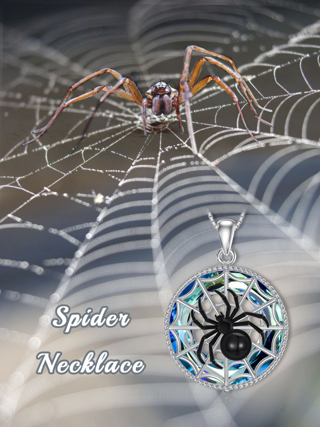 Sterling Silver Two-tone Agate & Crystal Spider Pendant Necklace-6