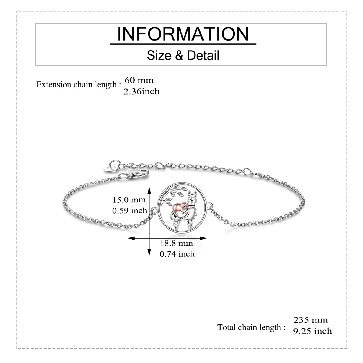 Sterling Silber, zweifarbig, Alpaka & Lama, mit Faultier-Anhänger, Armband für Frauen-5