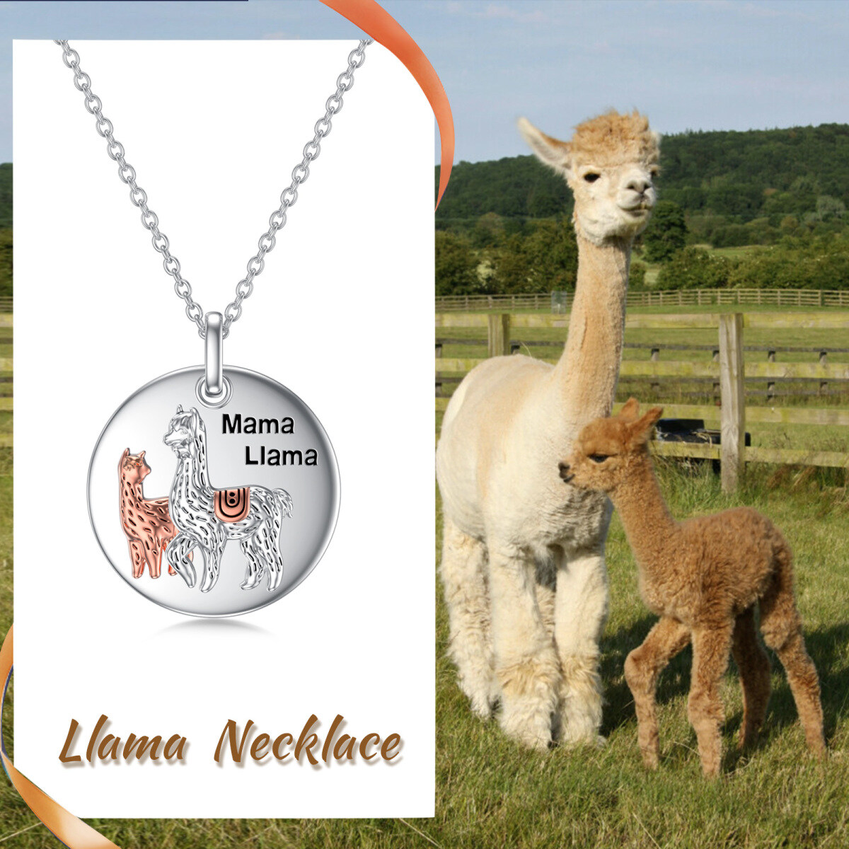 Colar com pingente de moeda Alpaca Mama Llama em prata esterlina de dois tons-6