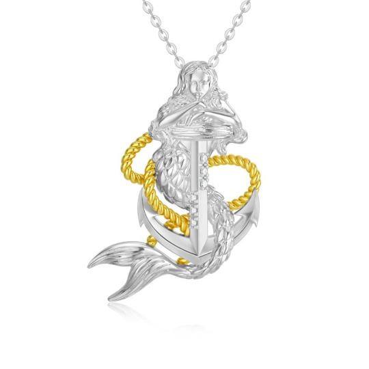 Collana a catena bicolore in argento sterling con ancora e sirena