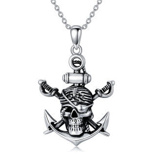 Sterling Silver Two-tone Anchor & Skull Pendant Necklace-7