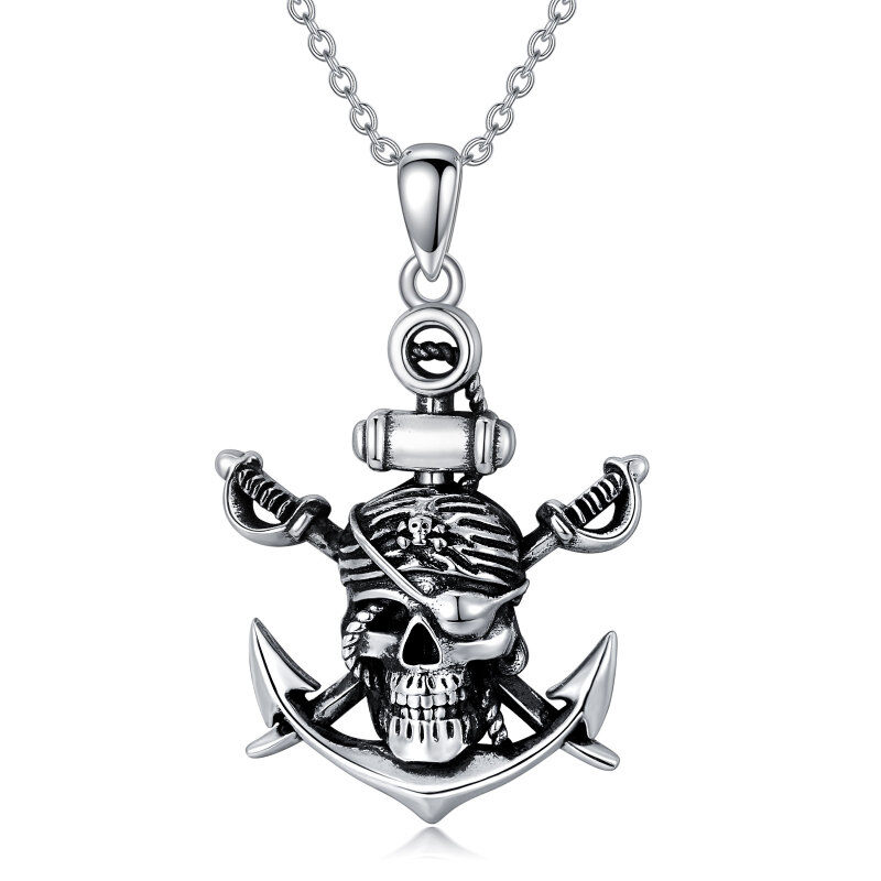 Sterling Silver Two-tone Anchor & Skull Pendant Necklace-13