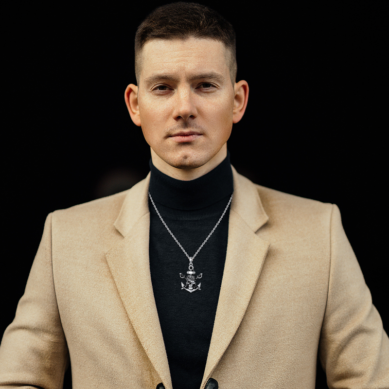 Sterling Silver Two-tone Anchor & Skull Pendant Necklace-2