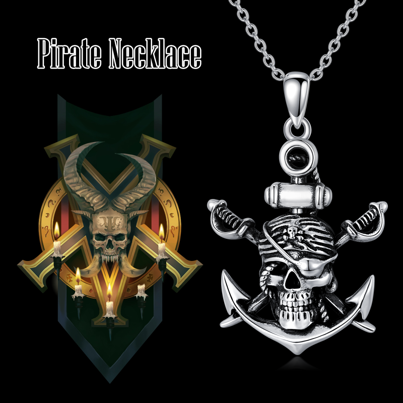 Sterling Silver Two-tone Anchor & Skull Pendant Necklace-3