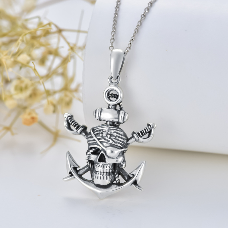 Sterling Silver Two-tone Anchor & Skull Pendant Necklace-5