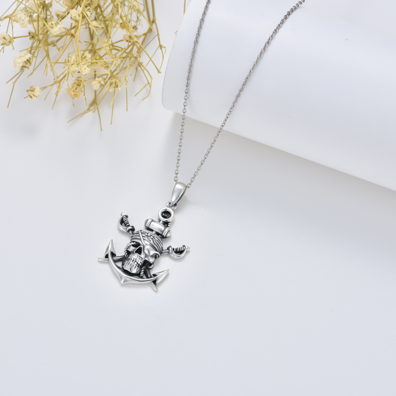 Sterling Silver Two-tone Anchor & Skull Pendant Necklace-6
