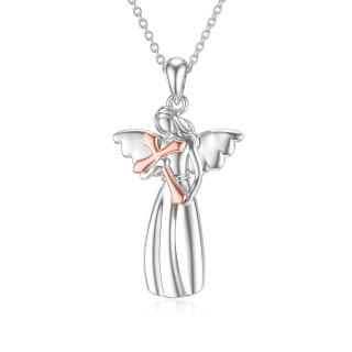 Sterling Silver Two-tone Angel & Cross Pendant Necklace-5