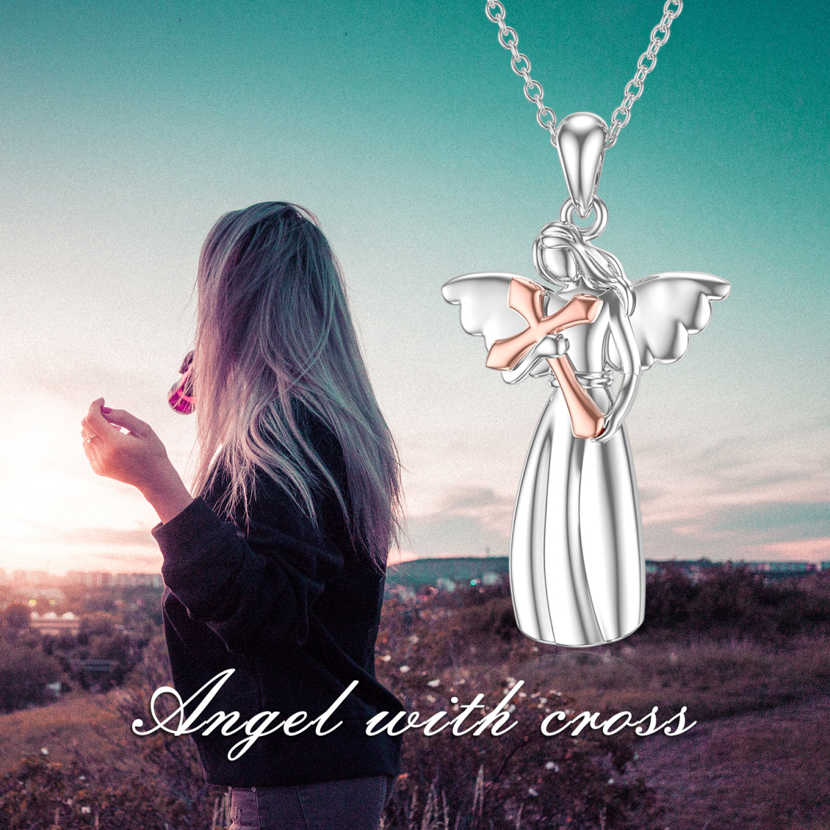 Sterling Silver Two-tone Angel & Cross Pendant Necklace-3