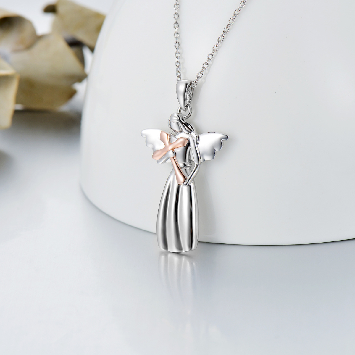 Sterling Silver Two-tone Angel & Cross Pendant Necklace-5