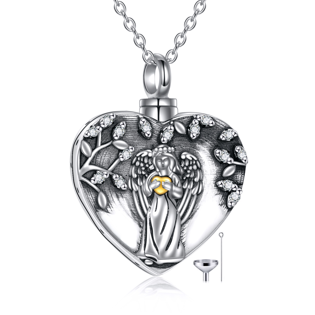 Sterling Silver Two-tone Cubic Zirconia Angel Urn Necklace for Ashes-1