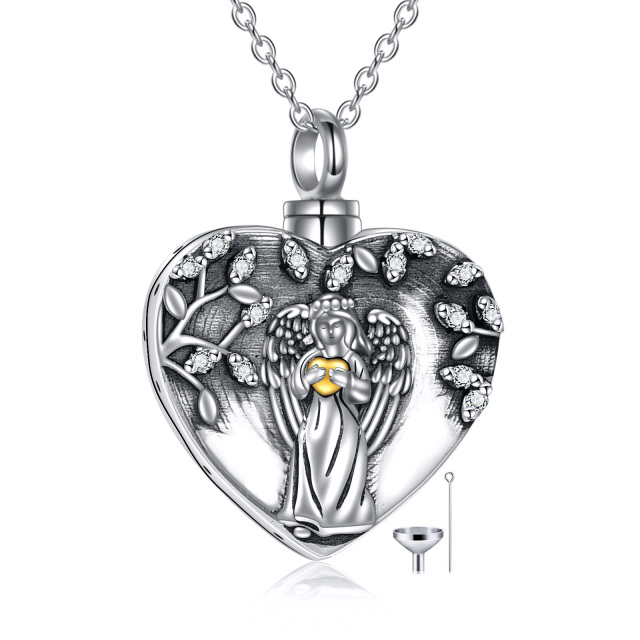 Collana con urna di angelo in argento sterling bicolore con zirconi cubici per ceneri-1