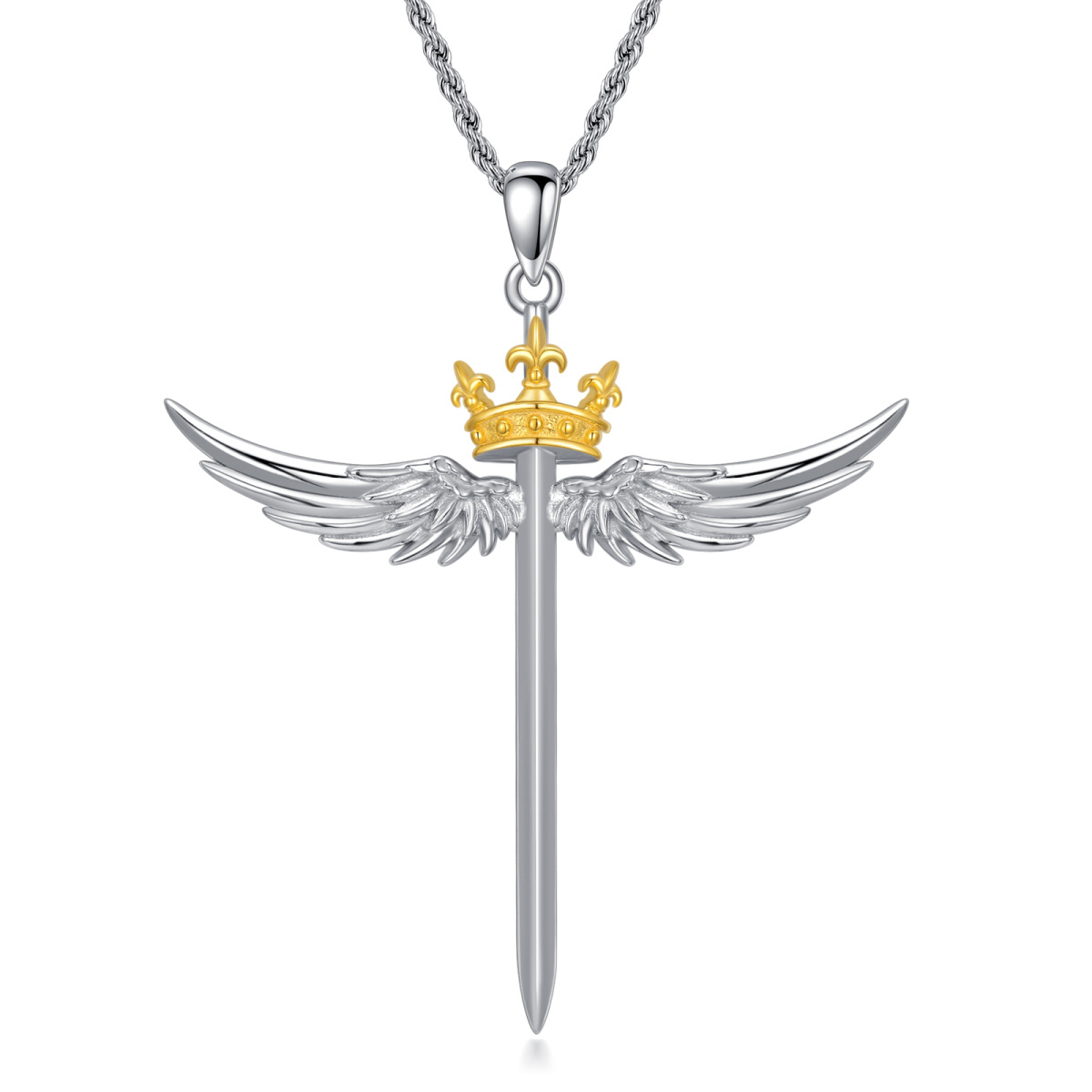 Sterling Silver Two-Tone Angel Wing Cross With Crown Pendant Necklace For Women-1