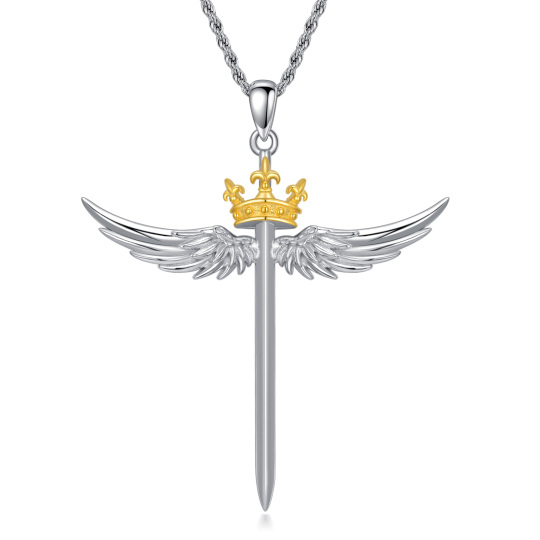 Sterling Silver Two-tone Angel Wing & Cross & Crown Pendant Necklace