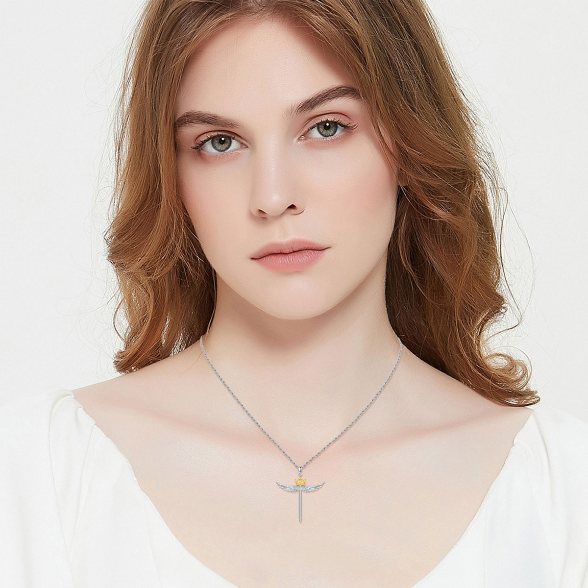 Sterling Silver Two-Tone Angel Wing Cross With Crown Pendant Necklace For Women-2