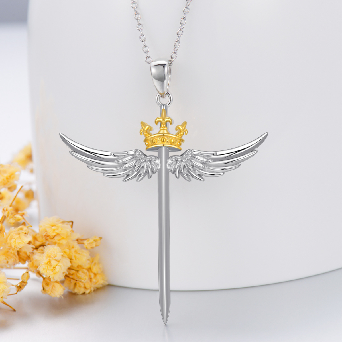 Sterling Silver Two-Tone Angel Wing Cross With Crown Pendant Necklace For Women-3