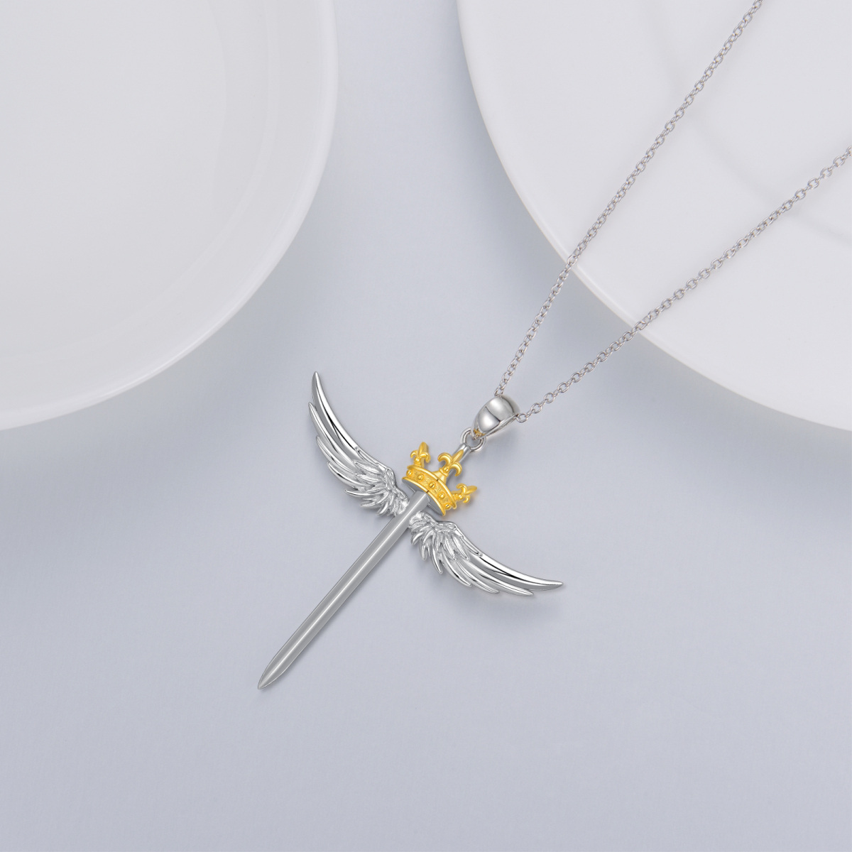 Sterling Silver Two-Tone Angel Wing Cross With Crown Pendant Necklace For Women-4