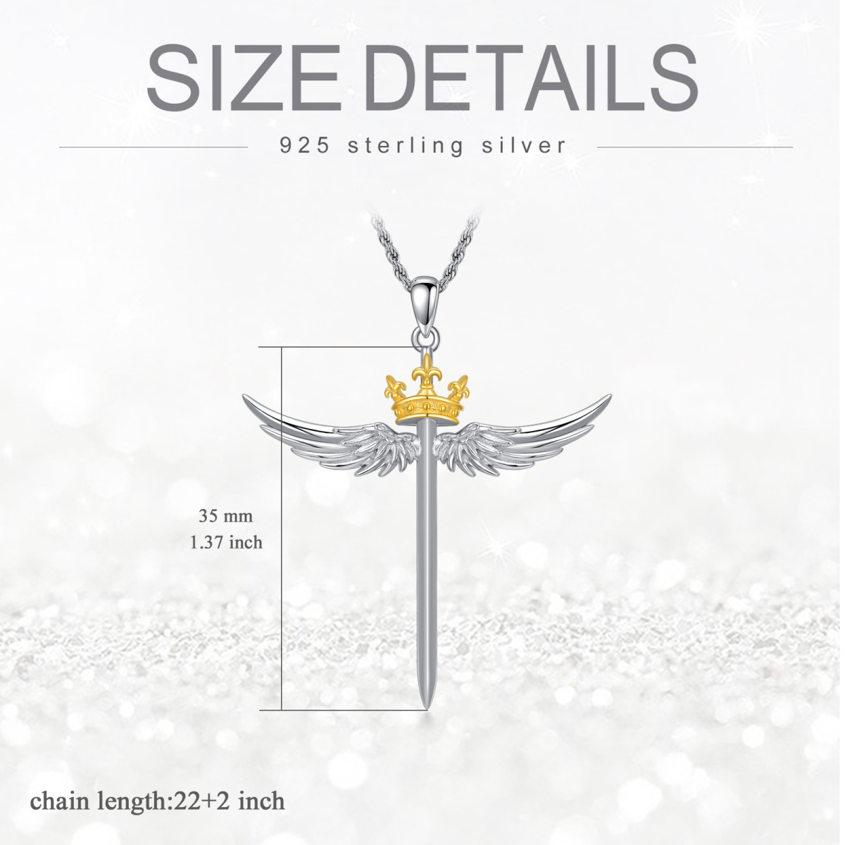 Sterling Silver Two-Tone Angel Wing Cross With Crown Pendant Necklace For Women-5