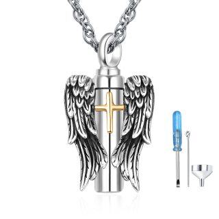 Sterling Silver Two-tone Angel Wing & Cross Urn Necklace for Ashes-26