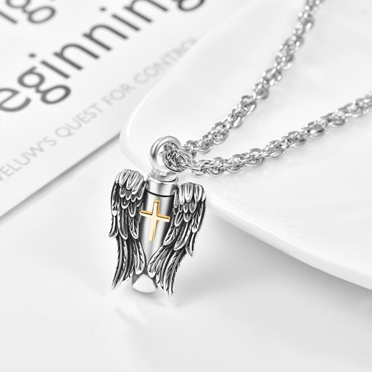 Sterling Silver Two-tone Angel Wing & Cross Urn Necklace for Ashes-4