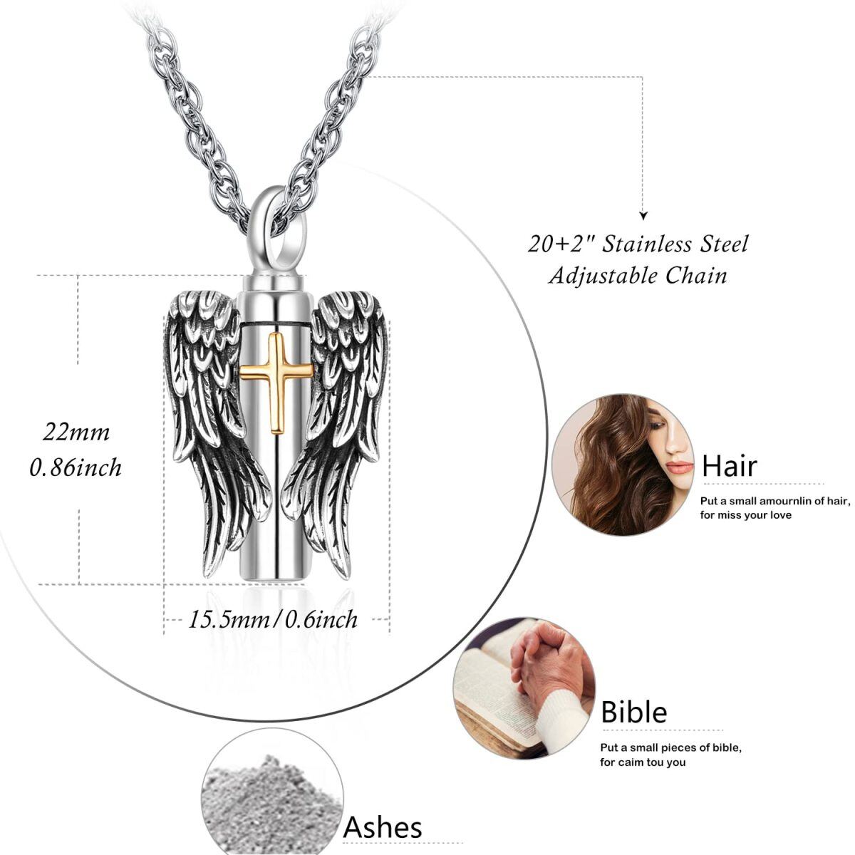 Sterling Silver Two-tone Angel Wing & Cross Urn Necklace for Ashes-6