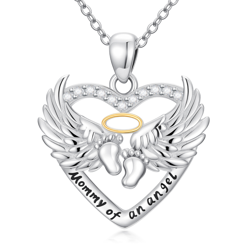 Sterling Silver Two-tone Angel Wing & Footprints Pendant Necklace with Engraved Word-1