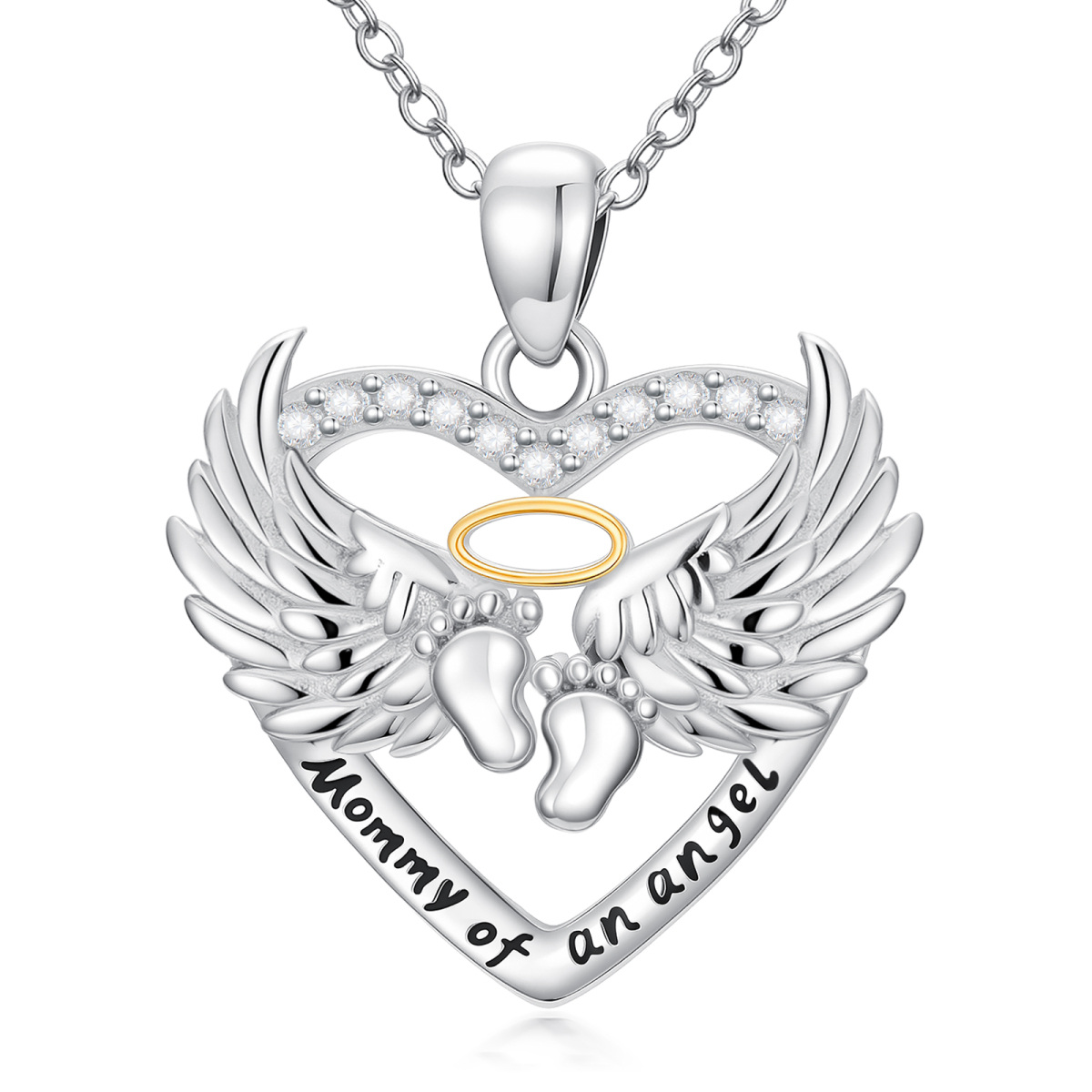 Sterling Silver Two-tone Angel Wing & Footprints Pendant Necklace with Engraved Word-1