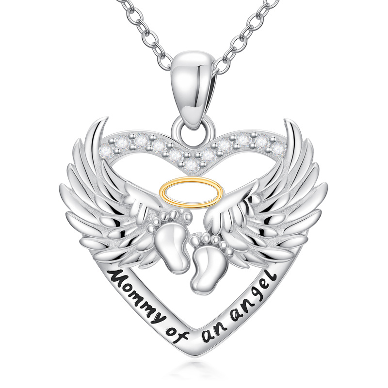 Sterling Silver Two-tone Angel Wing & Footprints Pendant Necklace with Engraved Word-8