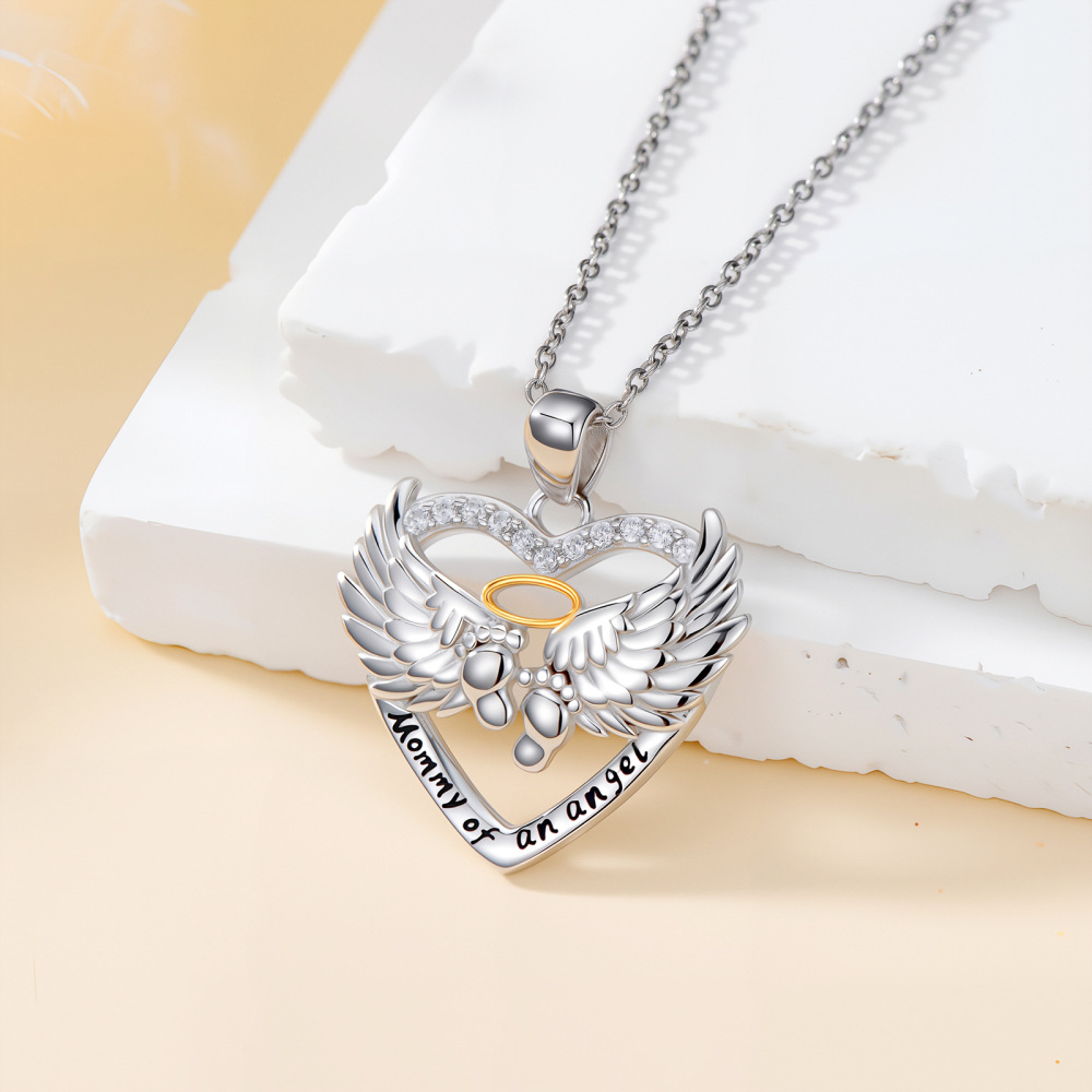 Sterling Silver Two-tone Angel Wing & Footprints Pendant Necklace with Engraved Word-2