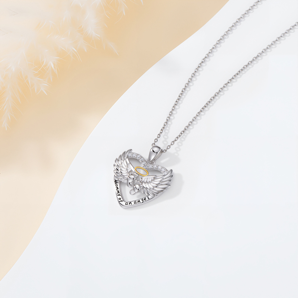 Sterling Silver Two-tone Angel Wing & Footprints Pendant Necklace with Engraved Word-3