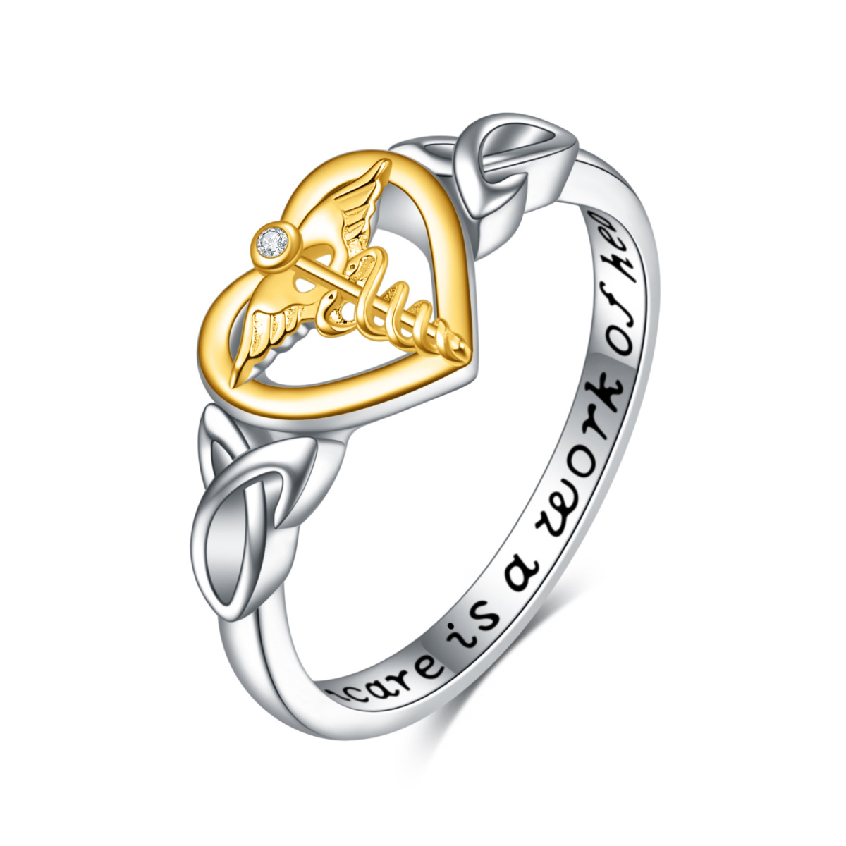 Anillo de plata de ley con forma de corazón y alas de ángel en dos tonos y palabra grabada-1