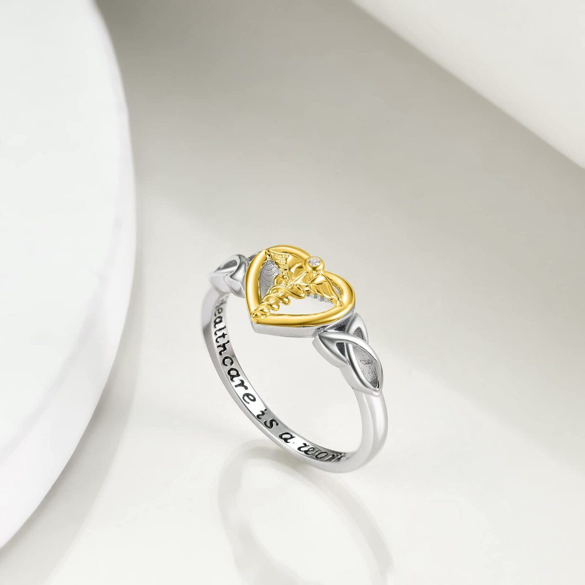 Sterling Silver Two-tone Angel Wing & Heart Ring with Engraved Word-3