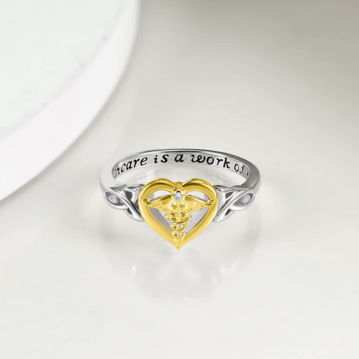 Sterling Silver Two-tone Angel Wing & Heart Ring with Engraved Word-4