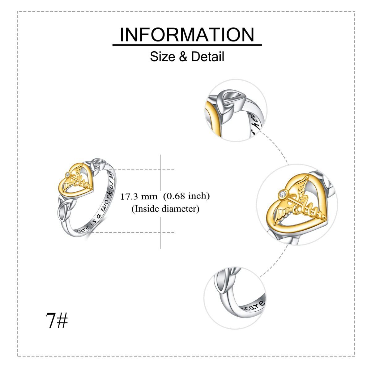 Anillo de plata de ley con forma de corazón y alas de ángel en dos tonos y palabra grabada-5