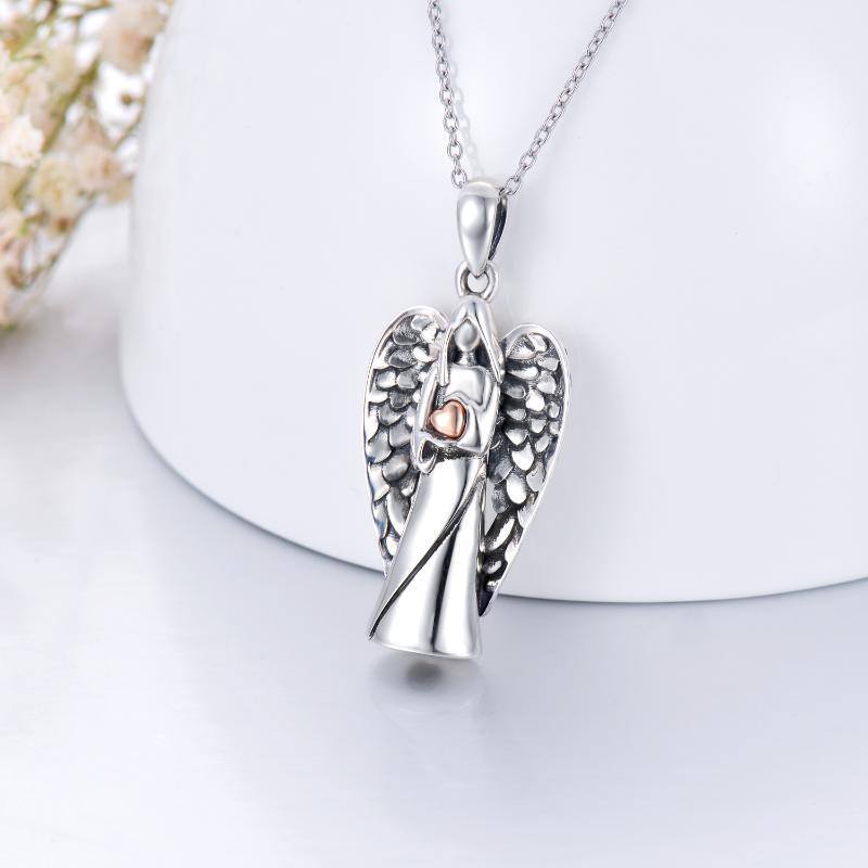 Sterling Silver Two-tone Angel Wing & Heart Urn Necklace for Ashes-3