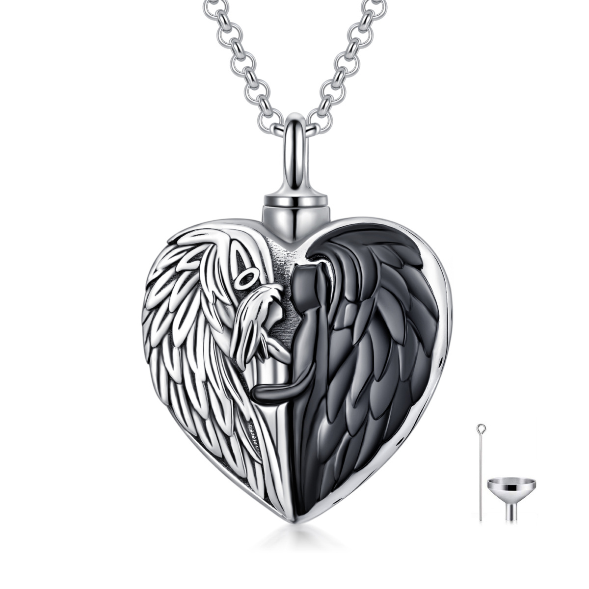 Sterling Silver Two-tone Angel Wing & Heart Urn Necklace for Ashes with Engraved Word-1