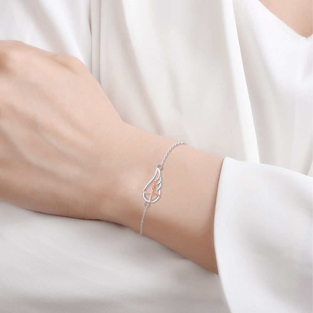 Sterling Silver Two-tone Angel Wing Charm Bracelet with Engraved Word-2