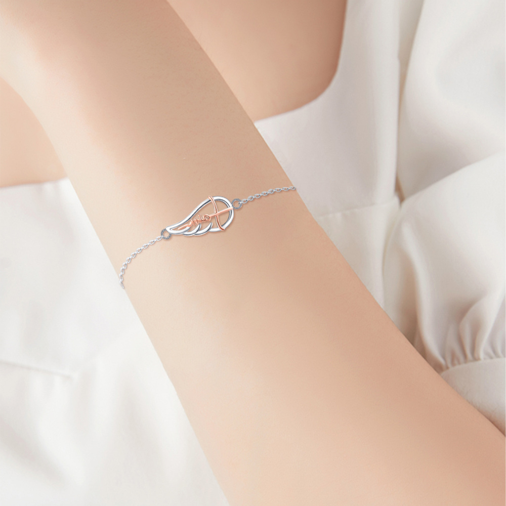 Sterling Silver Two-tone Angel Wing Charm Bracelet with Engraved Word-3